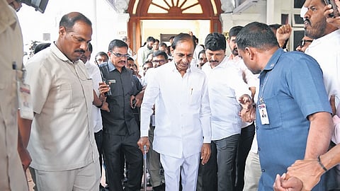 BRS president and former chief minister K Chandrasekhar Rao leaves the Assembly premises after taking oath as Gajwel MLA on Thursday.