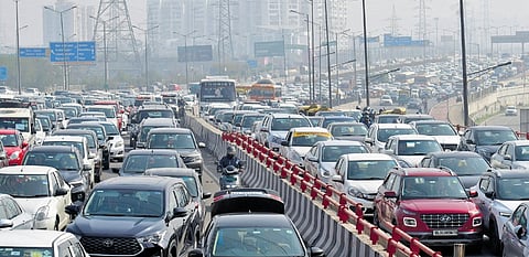 Traffic jam on the Ghazipur border as police put up barricades due to the farmers’ Delhi Chalo march