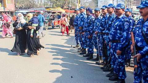 Rapid Action Force (RAF) personnel deployed in a sensitive area, a day after violence in Uttarakhand's Haldwani over the demolition of an 'illegally built' madrasa.