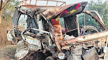 Mangled remains of the van involved in the mishap in Jharsuguda