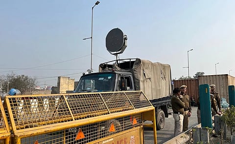A sound cannon deployed by the Delhi Police at Singhu border. 