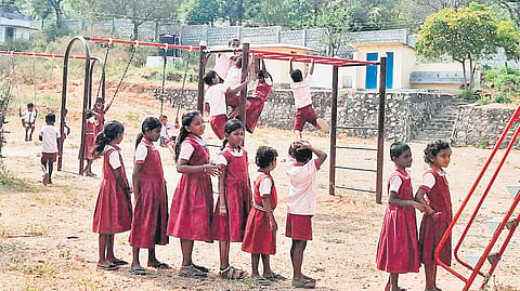 Students of Government LP School in Mulli playing at the children’s park set up at their school with the help of Cochin Shipyard Ltd. 