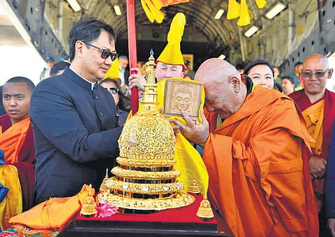 Priests of the Gandan monastery in Mongolia welcome the relics of Buddha carried to that country by Union minister Kiren Rijiju last year 