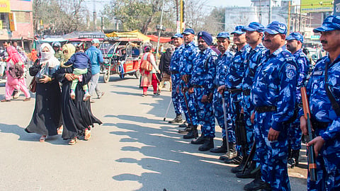 Rapid Action Force (RAF) personnel deployed in a sensitive area, a day after violence in Uttarakhand's Haldwani over the demolition of an 'illegally built' madrasa, in Meerut. 