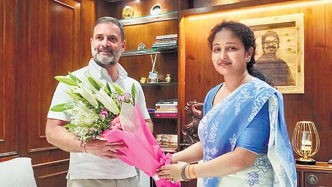 Rahul Gandhi with Hemant Soren’s wife  Kalpana Soren in Ranchi on Monday.