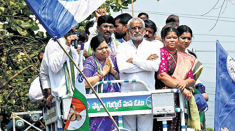 Rajya Sabha MP YV Subba Reddy with YSRC’s Visakhapatnam Lok Sabha nominee Botcha Jhansi & South constituency candidate Vasupalli Ganesh  during a poll campaign in One Town in Vizag on Wednesday 