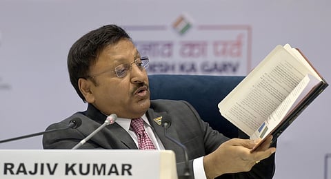 Chief Election Commissioner Rajiv Kumar during announcement of the schedule for General Elections 2024, in New  Delhi on Saturday.  