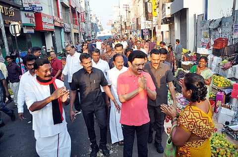The nearly two-kilometre march through prominent stretches of Salem drew a large turnout of DMK cadres and supporters of alliance partners. 