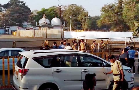Security personnel stand guard outside Bhojshala/Kamal Maula Mosque complex