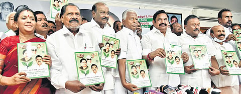 AIADMK general secretary Edappadi K Palaniswami and party leaders release the manifesto for the Lok Sabha poll on Friday.