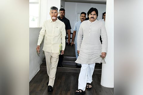 Jana Sena Party chief Pawan Kalyan met TDP supremo N Chandrababu Naidu           
at Undavalli on Wednesday