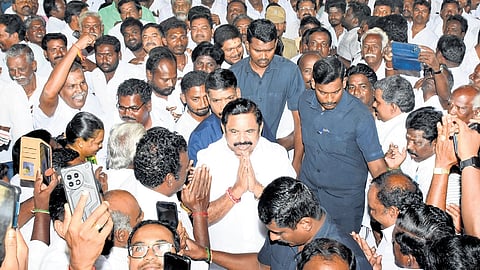 Edappadi K Palaniswami arriving at the programme held to introduce candidate P Vignesh in Salem on Saturday 