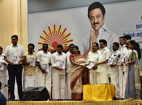 Tamil Nadu CM and DMK president MK Stalin and other leaders release the party's election manifesto for the upcoming Lok Sabha elections at a function held at Arivalayam on March 20, 2024.