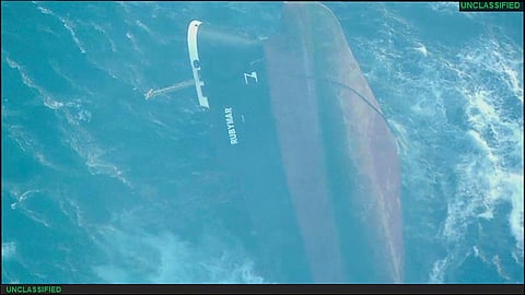  Photo by the U.S. military's Central Command shows the Belize-flagged vessel Rubymar sinking in the Red Sea. 