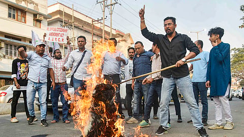 Activists of the Asom Jatiyatabadi Yuba Chatra Parishad (AJYCP) stage a protest after the central government notified the rules for implementation of the Citizenship (Amendment) Act, 2019, in Guwahati
