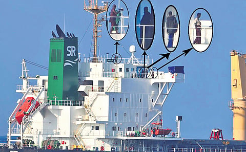 Bangladeshi vessel MV Abdullah and (insets) Somalian pirates onboard 