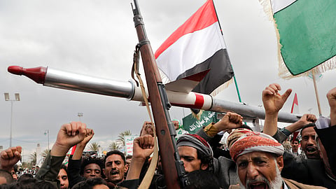 Houthi supporters attend a rally against the U.S. airstrikes on Yemen and the Israeli offensive against the Palestinians in Gaza