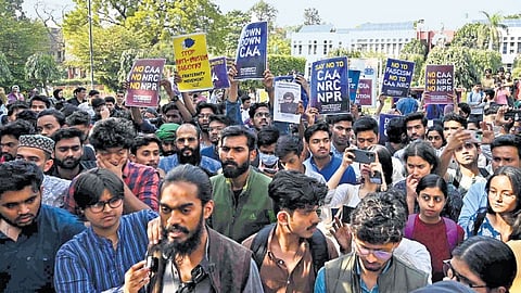 Students of Jamia Millia Islamia University protest on Tuesday. 