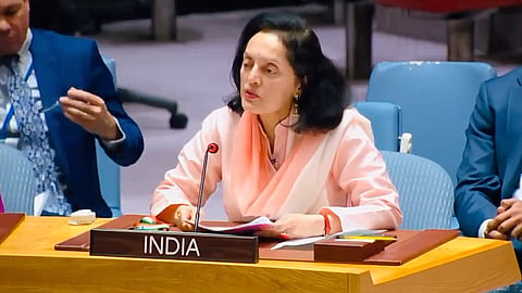 India's Permanent Representative to the UN, Ambassador Ruchira Kamboj, speaks during a UNSC meeting in New York, March 7, 2023.