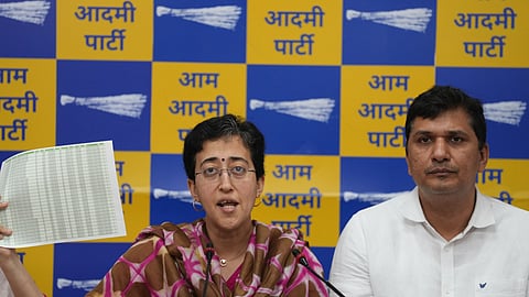 Delhi Ministers and AAP leaders Atishi Singh and Saurabh Bharadwaj address a press conference, in New Delhi.
