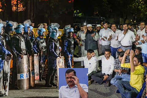 (L) Security personnel deployed outside the residence of Delhi Chief Minister Arvind Kejriwal, (R)  AAP supporters shout slogans in favour of Delhi Chief Minister Arvind Kejriwal outside his residence