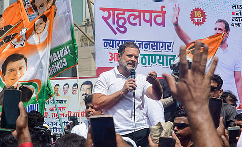 Congress leader Rahul Gandhi addresses supporters during the Bharat Jodo Nyay Yatra, in Thane, Saturday, March 16, 2024. 
