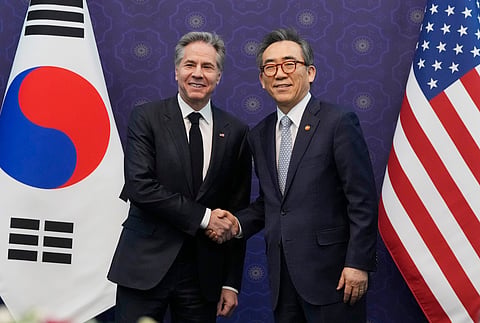 U.S. Secretary of State Antony Blinken, left, and South Korean Foreign Minister Cho Tae-yul pose for a photo as they meet at the Foreign Ministry in Seoul, South Korea, Monday, March 18, 2024. 