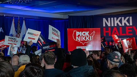 People cheer for US Republican presidential hopeful and former UN Ambassador Nikki Haley during a campaign rally in Needham, Massachusetts, on March 2, 2024.
