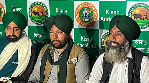 Farmer leaders address the media during their ongoing protest, at the Punjab-Haryana Shambhu border, in Patiala district, Friday, March 1, 2024. 