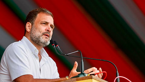 Congress leader Rahul Gandhi addresses the gathering during the handover ceremony of the Indian flag as the Bharat Jodo Nyay Yatra enters Madhya Pradesh from Rajasthan, in Morena district, Saturday, March 2, 2024. 
