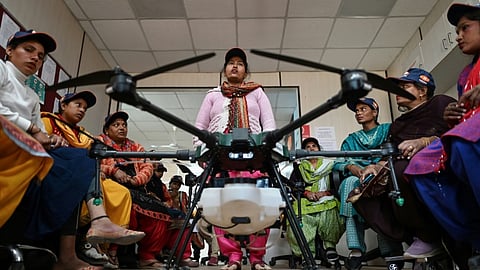 Women aspiring to be remote pilots attending a class under the government-backed "Drone Sister" programme, at Drone Destination training centre in Manesar.