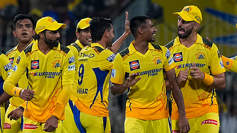  Chennai Super Kings' Mustafizur Rahman celebrates with teammates the wicket of Royal Challengers Bengaluru batter Virat Kohli during the Indian Premier League (IPL) 2024 cricket match between Chennai Super Kings and Royal Challengers Bengaluru at MA Chidambaram Stadium, in Chennai, Friday, March 22, 2024. 
