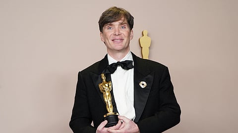 Cillian Murphy poses in the press room with the award for best performance by an actor in a leading role for "Oppenheimer" at the Oscars on Sunday, March 10, 2024, at the Dolby Theatre in Los Angeles. 