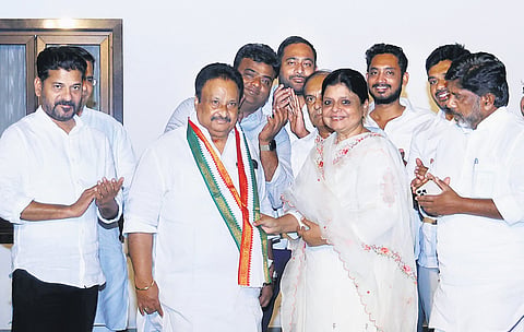 Senior leader AP Jithender Reddy is welcomed by AICC in-charge for Telangana Deepa Dasmunshi as Chief Minister A Revanth Reddy, Deputy Chief Minister Mallu Bhatti Vikramarka and other Congress leaders look on, in Hyderabad on Friday 
