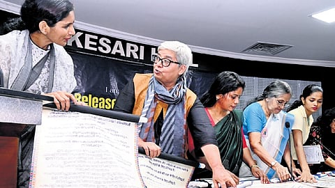 Social activist and human rights campaigner Shabnam Hashmi at the launch of a campaign by women against fascism at Kesari Hall in the capital on Saturday 
