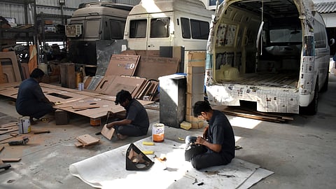 With Lok Sabha elections around the corner, the workers of Koyas and Sons in Coimbatore are busy designing the interiors of the campaigning vehicles to be used by political leaders in Coimbatore on Thursday. 