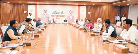 Prime Minister Narendra Modi and BJP national president JP Nadda chair the BJP
Central Election Committee meeting in New Delhi on Monday 