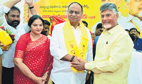 Vemireddy Prabhakar Reddy being welcomed into the TDP by party supremo N Chandrababu Naidu in Nellore on Saturday
