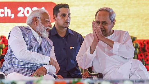 Prime Minister Narendra Modi with Odisha Chief Minister Naveen Patnaik in Chandikhol, Odisha.