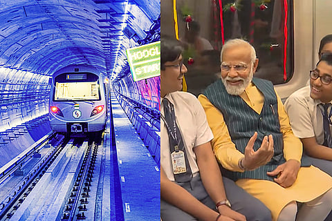 India's first underwater metro train (L) Prime Minister Narendra Modi with school students on board India's first underwater metro, in Kolkata, Wednesday, March 6, 2024. 