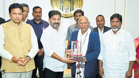 Chief Minister A Revanth Reddy, along with ministers Mallu Bhatti Vikramarka and 
D Sridhar Babu, meets Tata Technologies representatives at the Telangana Secretariat in Hyderabad on Saturday