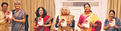 (From left) Dibyajyoti Sarma, Shobhana Kumar, K Srilata, Sukrita Paul Kumar, Salma and Chandana Dutta at the book launch 