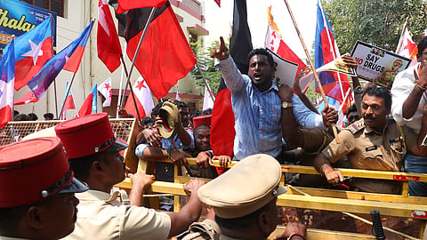 India Alliance Puducherry and various Students organisation staged a protest near legislative assembly in Puducherry on Saturday for justice for 9 year old child murdered. 