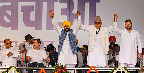 Leaders of the I.N.D.I.A. bloc at the 'Loktantra Bachao Rally' at Ramleela Maidan, in New Delhi, Sunday, March 31, 2024. 