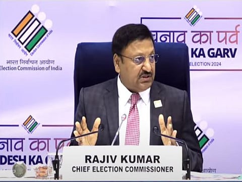Chief Election Commissioner Rajiv Kumar addressing the media. 