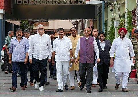 A delegation of INDIA bloc leaders after meeting the Election Commission of India over the arrest of Delhi Chief Minister Arvind Kejriwal, at Nirvachan Sadan, in New Delhi, March, 22, 2024. 