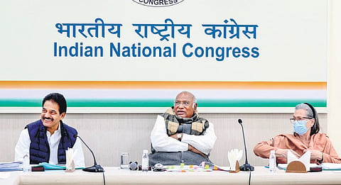 Congress president Mallikarjun Kharge with party leaders Sonia Gandhi and KC Venugopal during the CEC meeting at the AICC headquarters on Thursday.