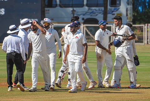 Mumbai's players after winning their Ranji Trophy semi-final cricket match against Tamil Nadu, in Mumbai, Monday, March 4, 2024. (Photo | PTI)