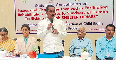 APSCPCR Chairman Kesali Appa Rao speaking at the one-day state-level workshop on CBR organised in Vijayawada on Monday | Express
