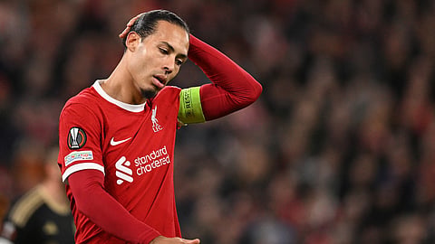 Liverpool's Dutch defender Virgil van Dijk reacts during the UEFA Europa League round of 16 second leg football match between Liverpool and AC Sparta Praha on March 14, 2024.